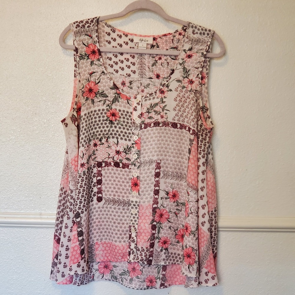 Style & Co Womens Floral Patchwork Sleeveless Blouse Pink Button Front Large